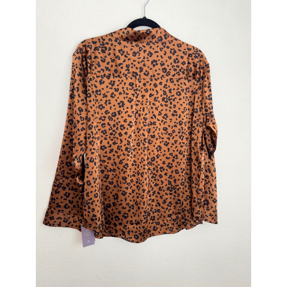 Auden Luxe Satin Pajama Top Large Brown New Leopard Print Button Down Shirt - Picture 3 of 10
